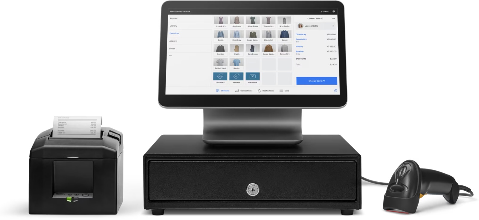 Register, receipt printer, cash drawer and barcode scanner