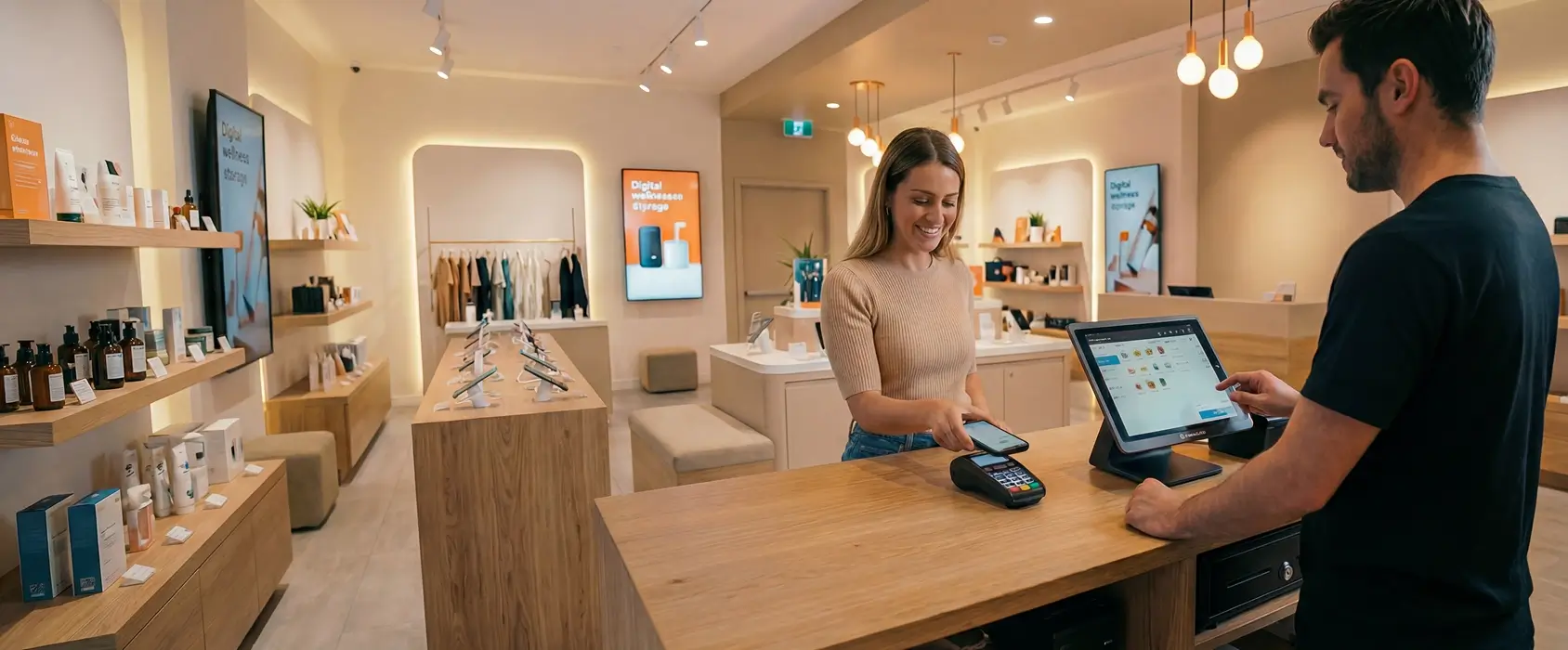 A customer paying by phone at an electronics store counter